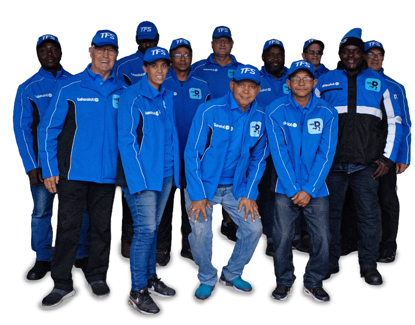 A group of people wearing matching blue jackets and hats with logos stand together against a white background. Description generated by AI