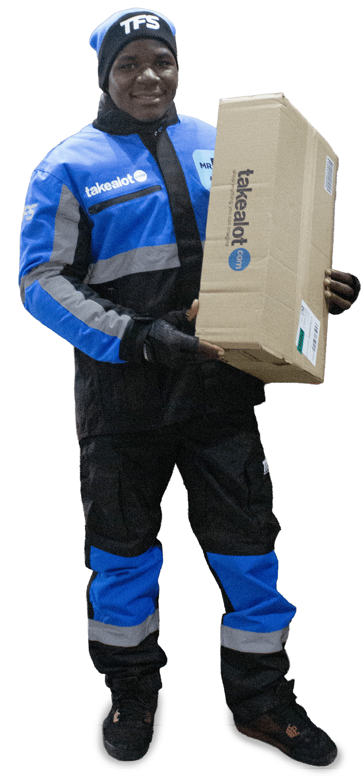 Person wearing a blue and black uniform with a beanie and gloves is holding a cardboard package labeled “takealot." Description generated by AI
